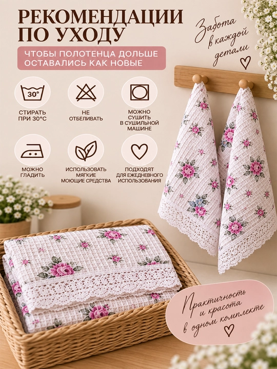 Gul naqshli va to‘rli hoshiyali vafli salfetka, 2 dona 60x40