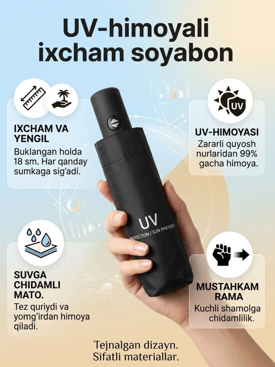 Зонт, зонт автомат, зонт с uv защитой, компактный зонт, черный зонт, складной зонт - 