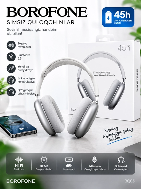 Borofone BO35, Bluetooth и AUX, срок службы 45 часов, сменные магнитные амбушюры - 