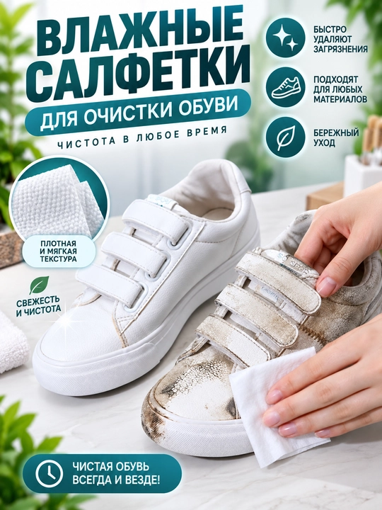 Влажные салфетки для обуви 60 шт, для кожи, замши, текстиля и кроссовок