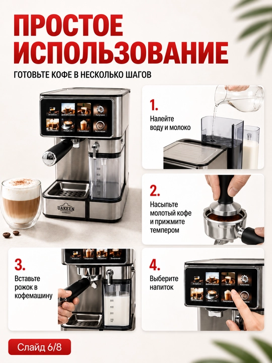 Профессиональная рожковая кофемашина UAKEEN, 20 Бар, встроенная кофемолка, 2.6 л