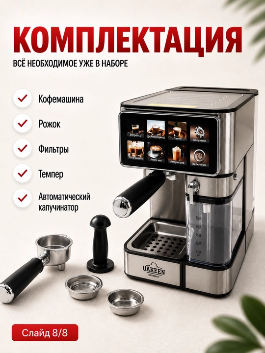 Профессиональная рожковая кофемашина UAKEEN, 20 Бар, встроенная кофемолка, 2.6 л