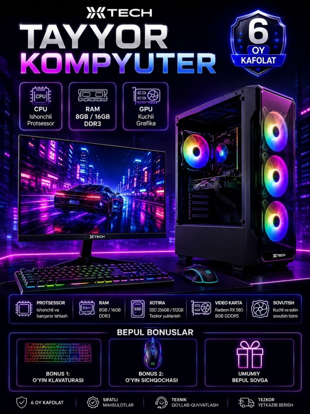 Tayyor kompyuter to‘plami  RX580-8GB DDr3-16GB,H81 i7 4770, korpus va monitor bilan - 