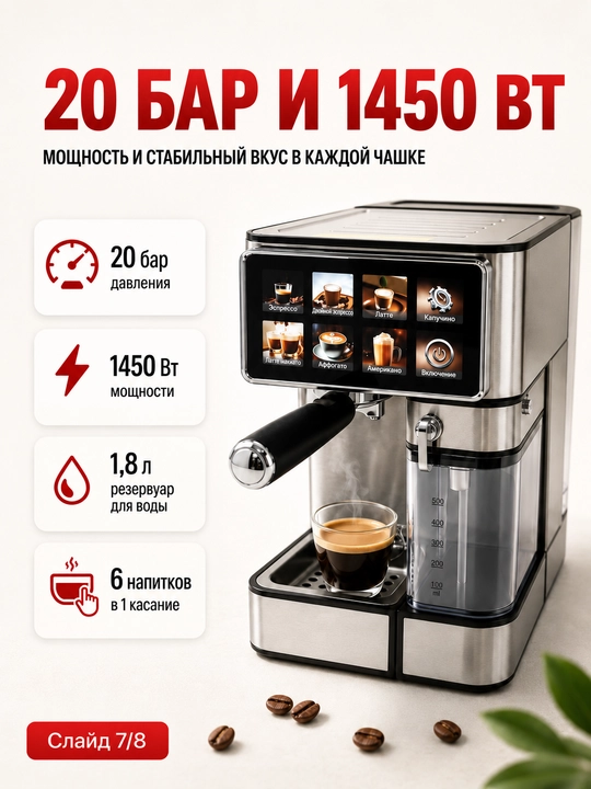 Профессиональная рожковая кофемашина UAKEEN, 20 Бар, встроенная кофемолка, 2.6 л