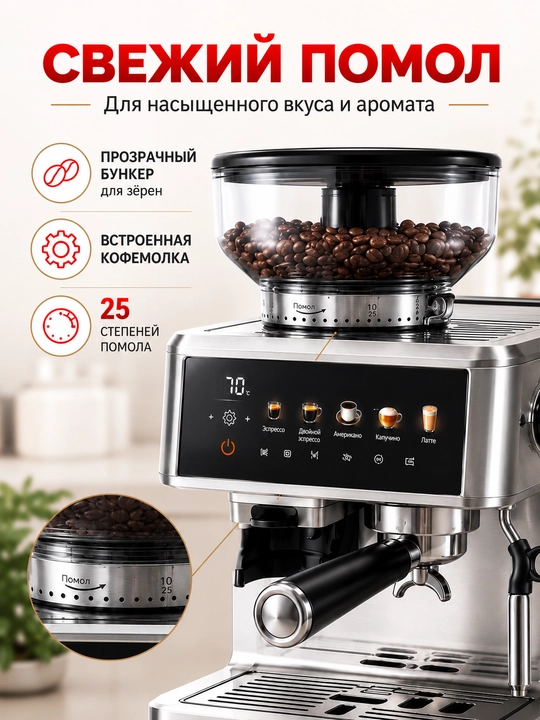 Профессиональная рожковая кофемашина UAKEEN, 20 Бар, встроенная кофемолка, 2.6 л