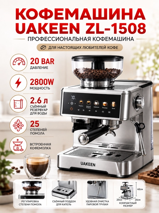 Профессиональная рожковая кофемашина UAKEEN, 20 Бар, встроенная кофемолка, 2.6 л - 