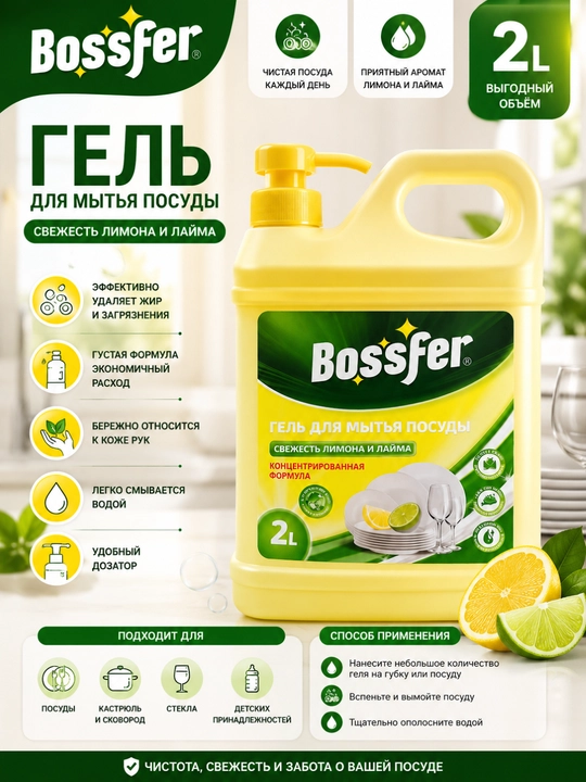 Bossfer гель для мытья посуды 2 л — Лимон и Лайм, концентрированная формула, удаляет жир - 