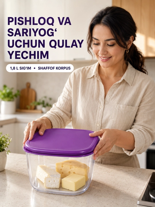 Qopqoqli akril oziq-ovqat saqlash konteyneri, 1,8 L