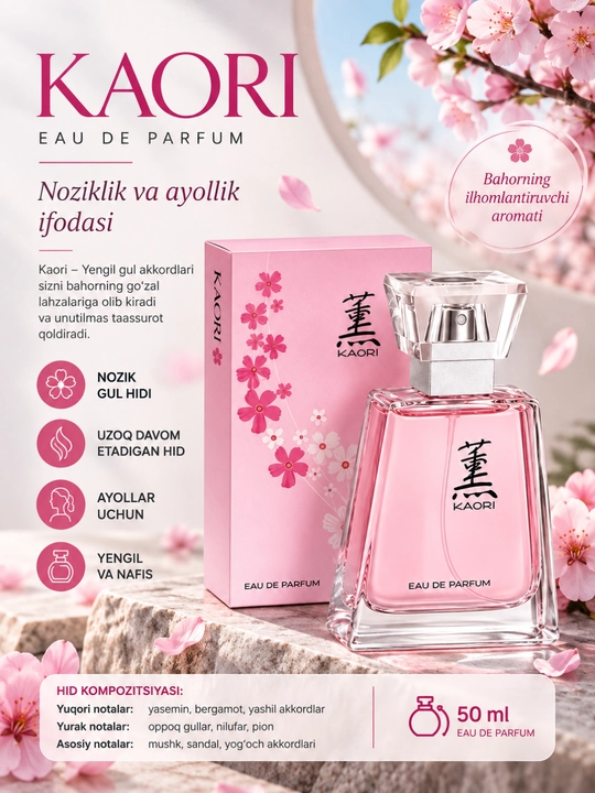 KAORI ayollar uchun parfyumeriya suvi 50 ml, nafis gulli va yoqimli kundalik atir - 