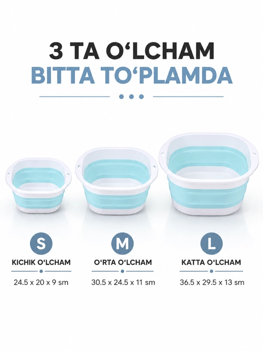 Tazik yig‘ma silikon 3 dona to‘plam, sayohat va uy uchun, oyoq vannasi va kir yuvish uchun