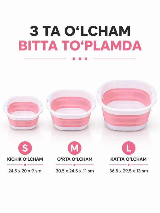 Tazik yig‘ma silikon 3 dona to‘plam, sayohat va uy uchun, oyoq vannasi va kir yuvish uchun
