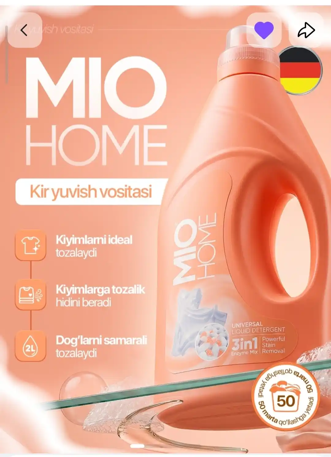 MIOHOME universal kir yuvish geli, avtomatik va qo‘lda yuvish uchun, 3 ta 1 da, 2 l