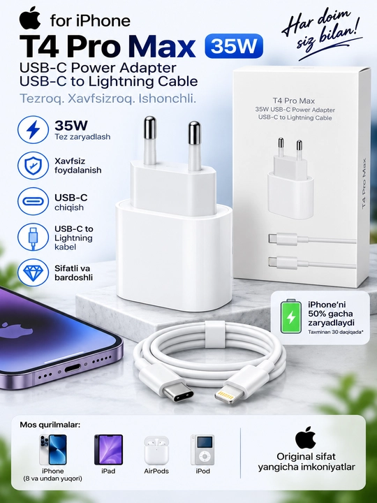 T4 Pro Max 35W USB-C зарядный адаптер + кабель USB-C to Lightning - 