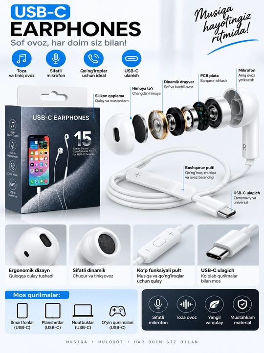 USB-C simli quloqchin, mikrofon va boshqaruv tugmasi bilan, stereo ovoz