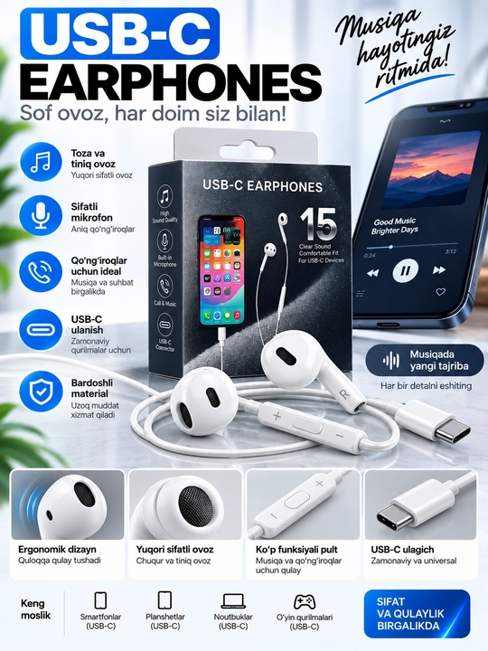 USB-C simli quloqchin, mikrofon va boshqaruv tugmasi bilan, stereo ovoz - 
