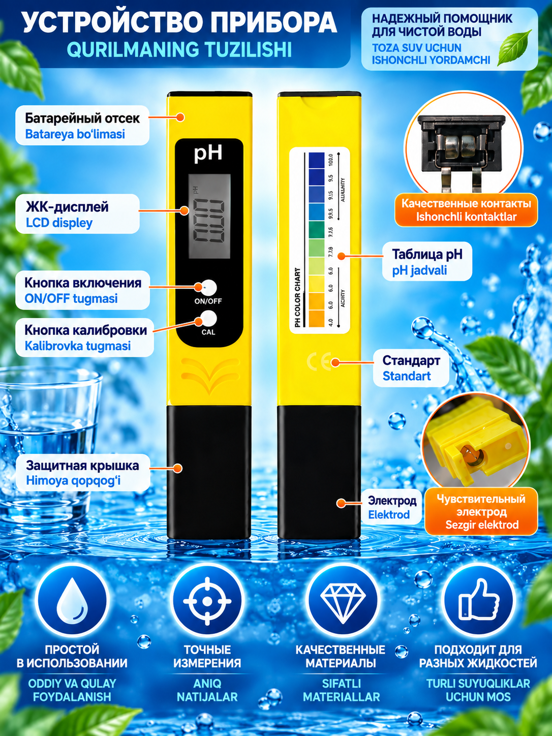 PH метр для воды электронный, 0–14 pH, точность 0,01, 3 буфера 4.01/6.86/9.18pH, кейс