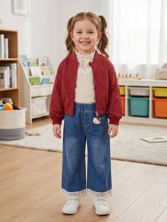 Lace & Denim — Нарядный комплект для девочек: бомбер, блузка и джинсы - 