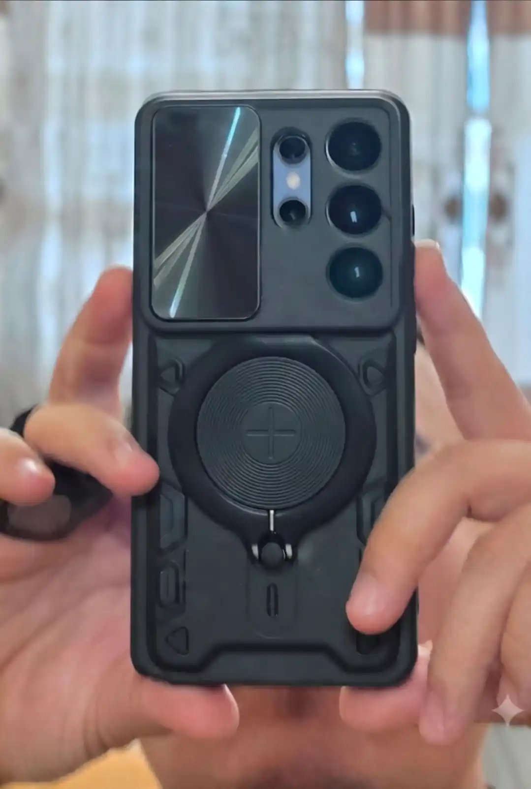 Samsung Galaxy S Ultra uchun zarbaga chidamli, halqali stendli va kamera himoyali g‘ilof