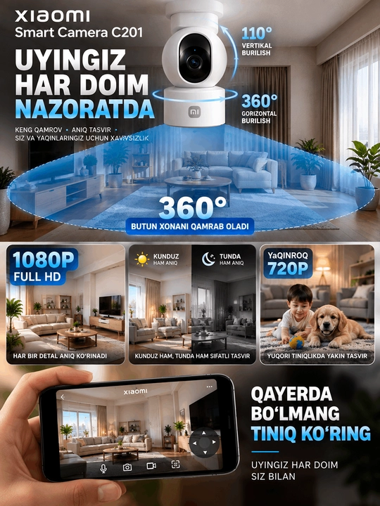 Xiaomi Smart Camera C201 — 1080P Full HD aqlli uy kuzatuv kamerasi, 360°
