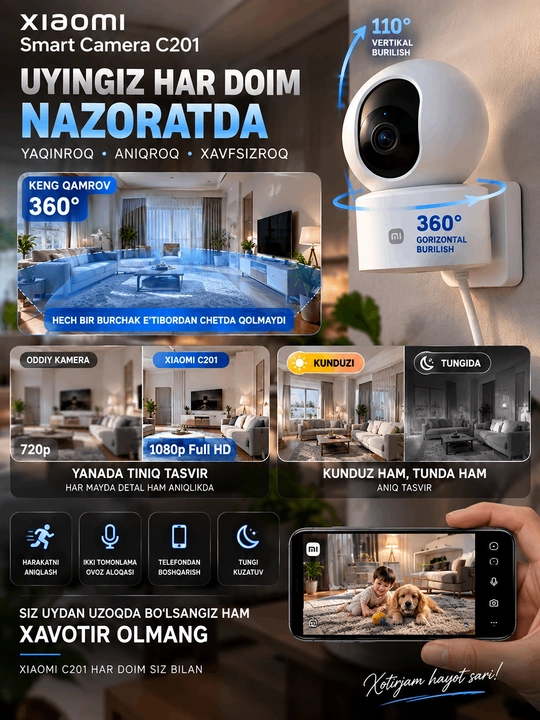 Xiaomi Smart Camera C201 — 1080P Full HD aqlli uy kuzatuv kamerasi, 360°