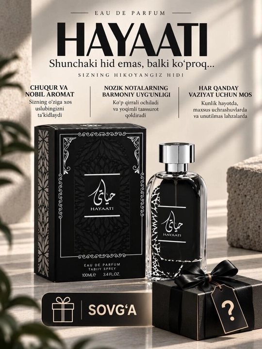HAYAATI — erkaklar uchun 100 ml, to‘yingan sharqona hidli va kuchli xarakterli atir