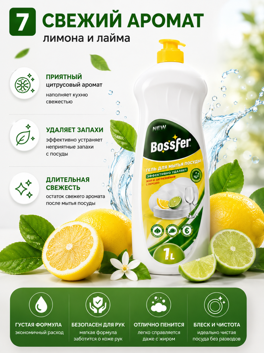 Bossfer idish yuvish geli 1 L — limon va laym hidi, yog‘ va kirlarni samarali ketkazadi - 