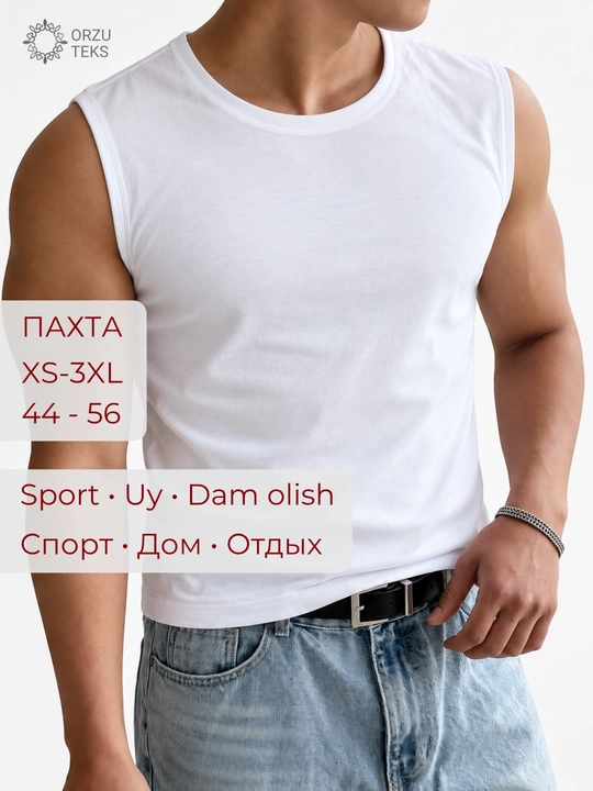 Erkaklar uchun bazaviy mayka, paxta, sport mayka, yengsiz futbolka, ORZU-TEKS - 