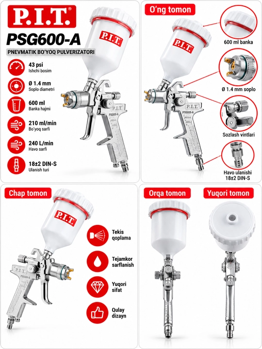 P.I.T. PSG600-A pnevmatik bo‘yoq purkagich, 600 ml, 1.4 mm soplo