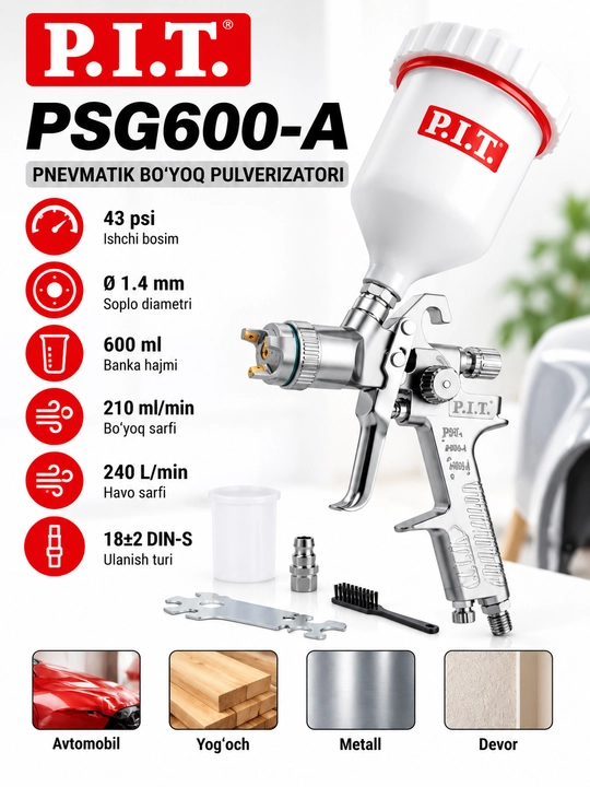 P.I.T. PSG600-A pnevmatik bo‘yoq purkagich, 600 ml, 1.4 mm soplo - 