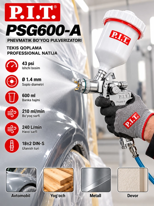 P.I.T. PSG600-A pnevmatik bo‘yoq purkagich, 600 ml, 1.4 mm soplo