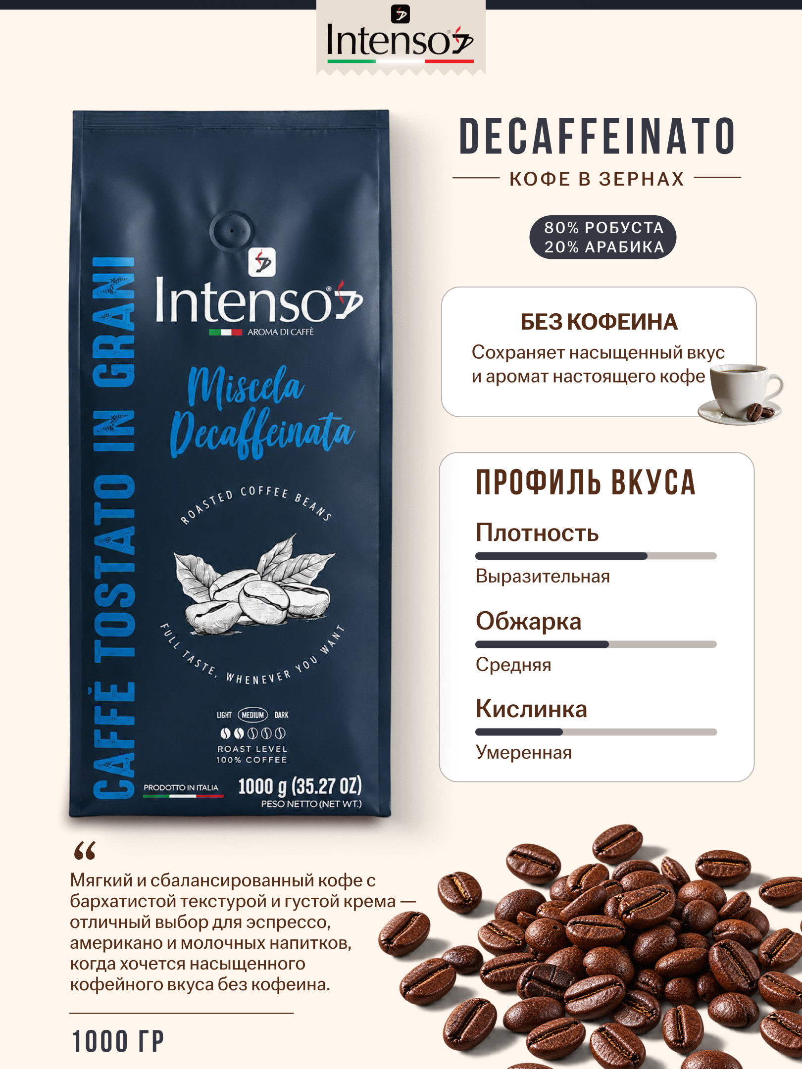 Кофе зерновой Intenso Decaffeinata 80% робуста 20% арабика, 1 кг, без кофеина