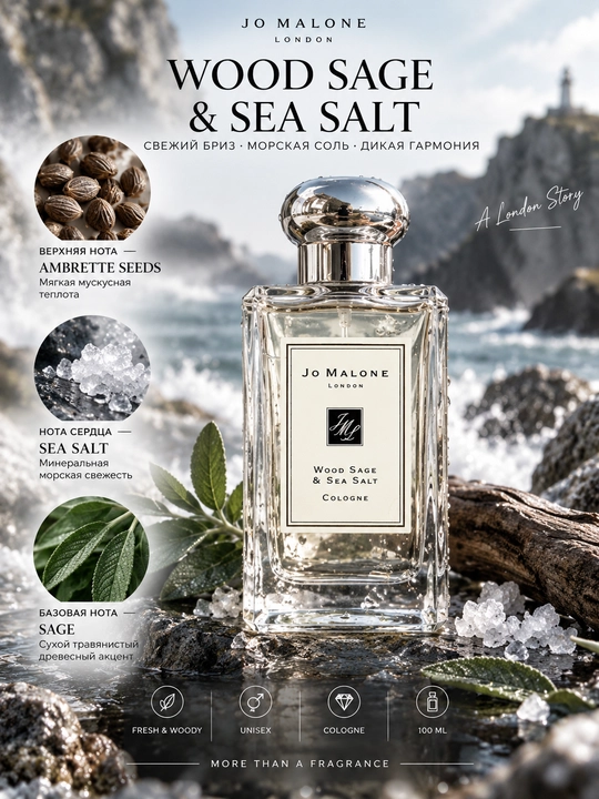 Jo Malone London Wood Sage & Sea Salt Cologne, унисекс, 100 мл - 