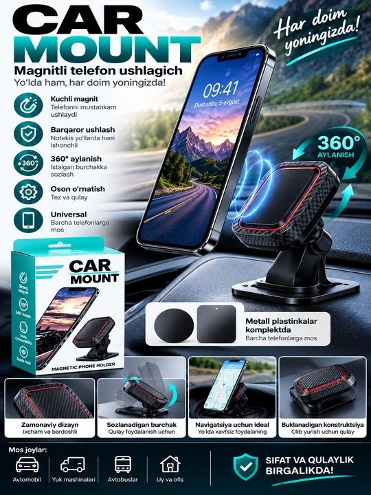 CAR MOUNT telefon uchun magnitli avtomobil ushlagichi, 360 marta aylanadi° - 