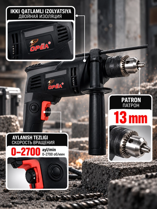 ORYOL elektr drel, zarbli drel 1100W 13mm