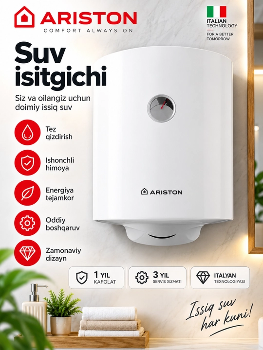 30 litrli Ariston elektr suv isitgichi, uy uchun boyler, tez isituvchi - 