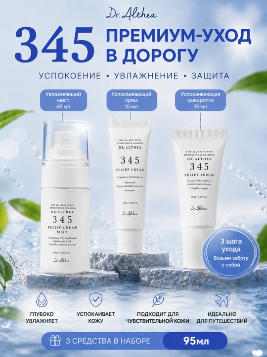 Успокаивающий набор для лица мист, сыворотка, крем, 90 мл Dr. Althea 345 Travel Set