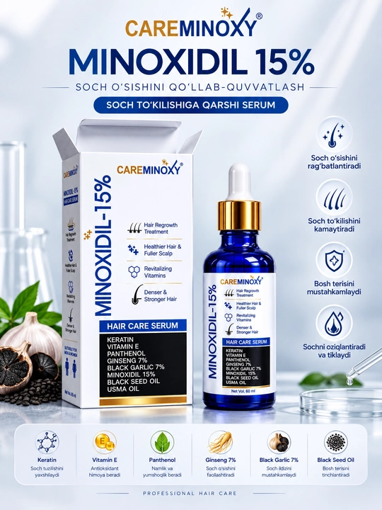 Minoxidil 15%, Minoksidil — Soch o‘sishini qo‘llab-quvvatlovchi serum, 60 ml - 