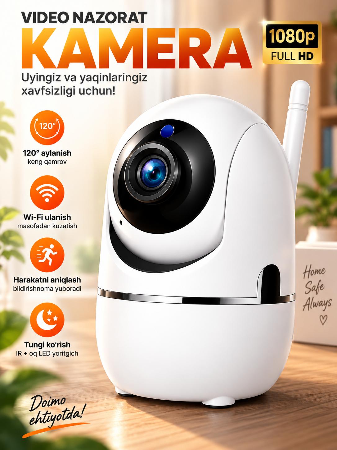 Aqlli Wi-Fi kamera, PTZ kuzatuv kamerasi tashqi kamera Full HD 360 darajali kamera - 