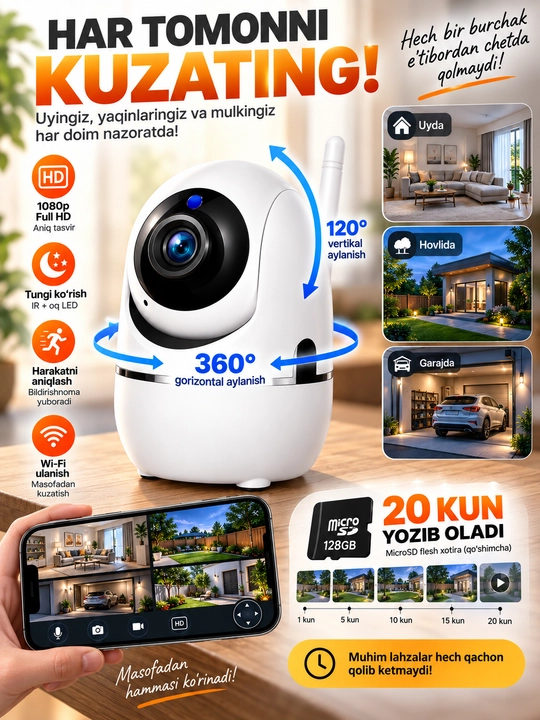 Aqlli Wi-Fi kamera, PTZ kuzatuv kamerasi tashqi kamera Full HD 360 darajali kamera