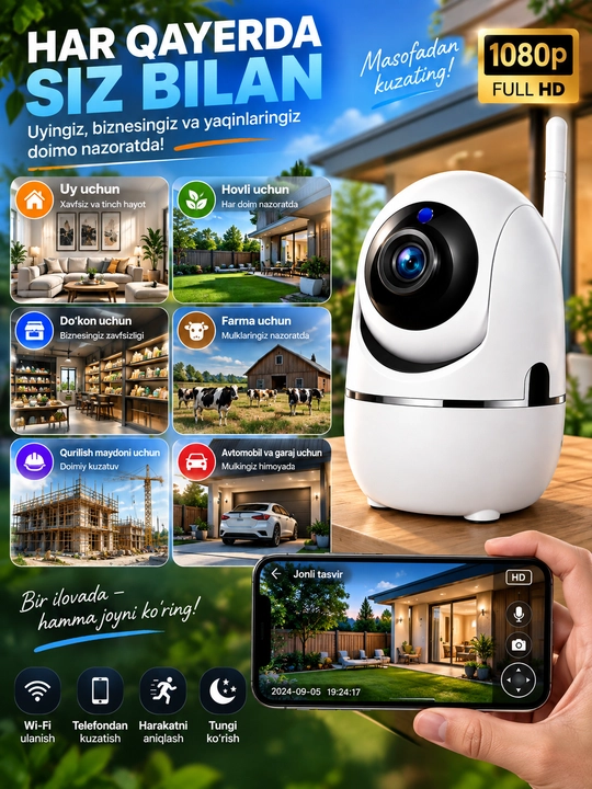 Aqlli Wi-Fi kamera, PTZ kuzatuv kamerasi tashqi kamera Full HD 360 darajali kamera