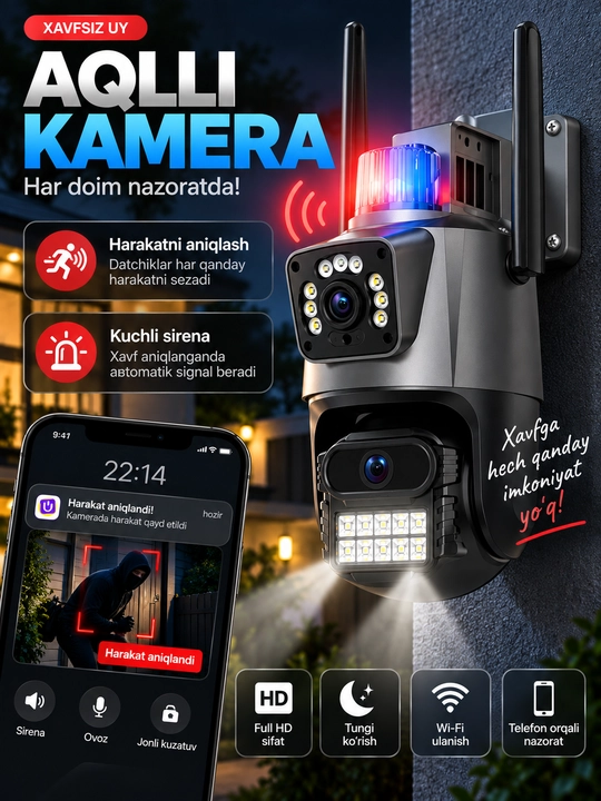 Aqlli Wi-Fi kamera, PTZ kuzatuv kamerasi tashqi kamera Full HD 360 darajali kamera - 