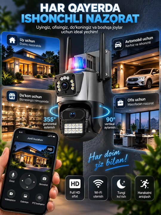 Aqlli Wi-Fi kamera, PTZ kuzatuv kamerasi tashqi kamera Full HD 360 darajali kamera