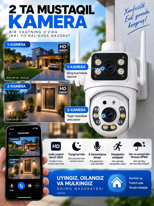 Aqlli Wi-Fi kamera, PTZ kuzatuv kamerasi tashqi kamera Full HD 360 darajali kamera