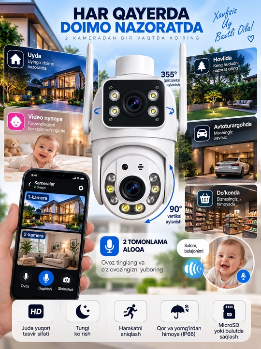 Aqlli Wi-Fi kamera, PTZ kuzatuv kamerasi tashqi kamera Full HD 360 darajali kamera