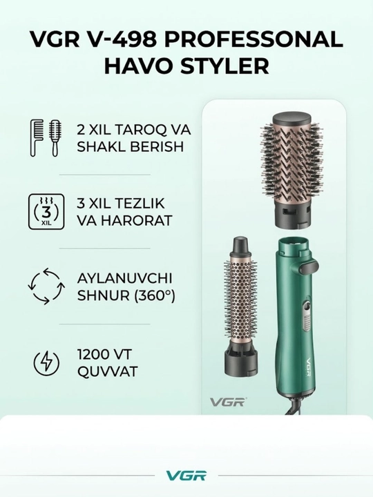 Soch uchun fen stayler VGR V-498 2in1, avtomotik aylanuvchi taroqli fen, 1200 W - 
