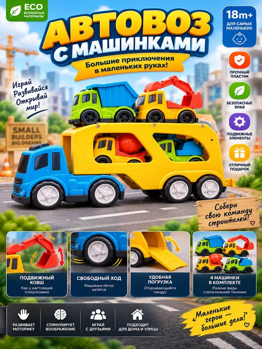 4 ta qurilish texnikasi mashinachasi bilan bolalar avtovozi, o‘yin to‘plami 18 oy+ - 