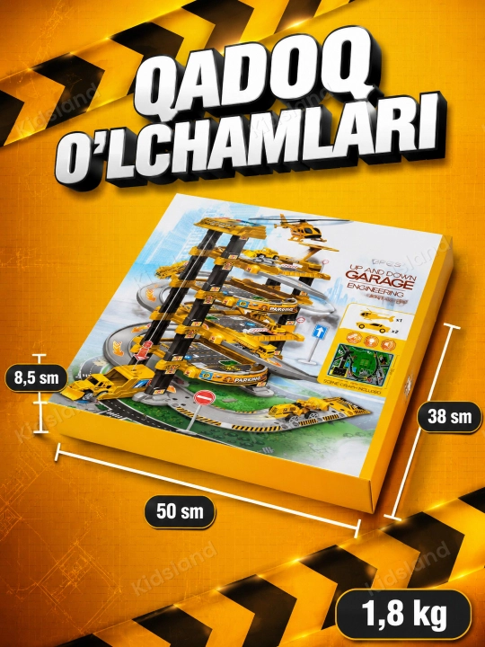 Ko'p qavatli o'yinchoq avtoturargoh — lift, spiral tushish, metall mashinalar, 3+