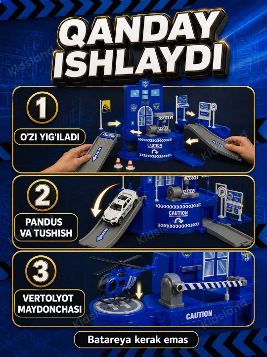 Ko'p qavatli o'yinchoq avtoturargoh — lift, spiral tushish, metall mashinalar, 3+