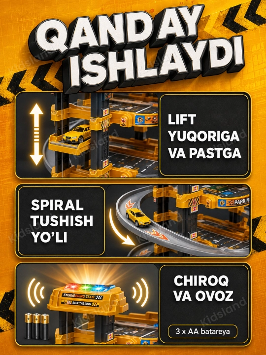 Ko'p qavatli o'yinchoq avtoturargoh — lift, spiral tushish, metall mashinalar, 3+