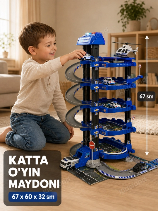 Ko'p qavatli o'yinchoq avtoturargoh — lift, spiral tushish, metall mashinalar, 3+
